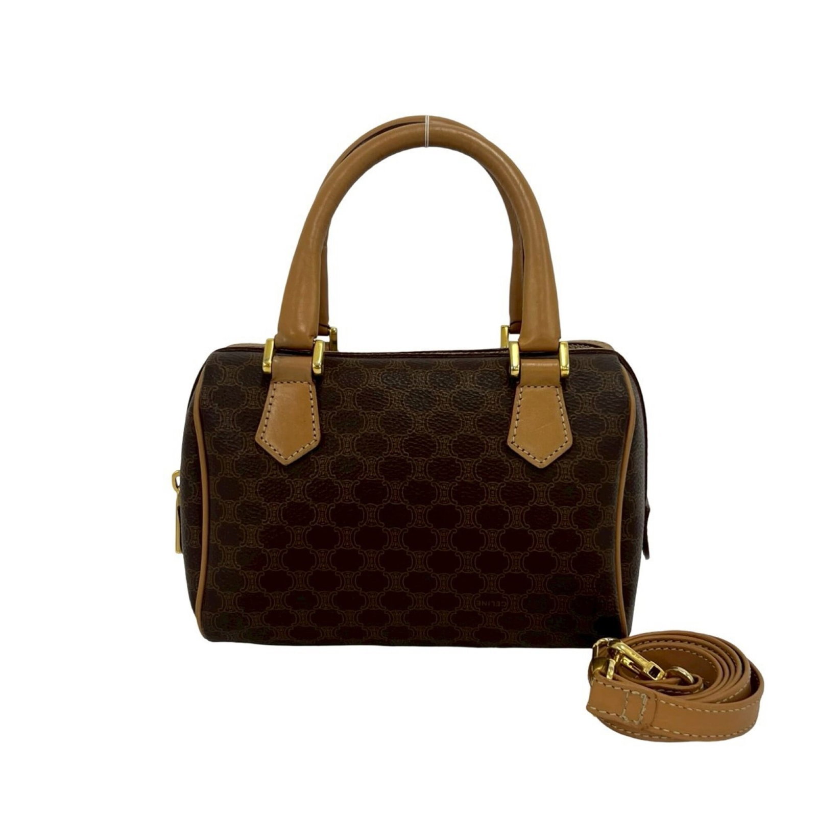 Shoulder Bag Pvc Leather Celine: Shoulder Bag Pvc Leather Celine PVC and leather combine in this unique Celine shoulder bag, featuring a distinctive brown color and precise measurements of 14cm x 18.5cm x 9cm. The bag's PVC and
