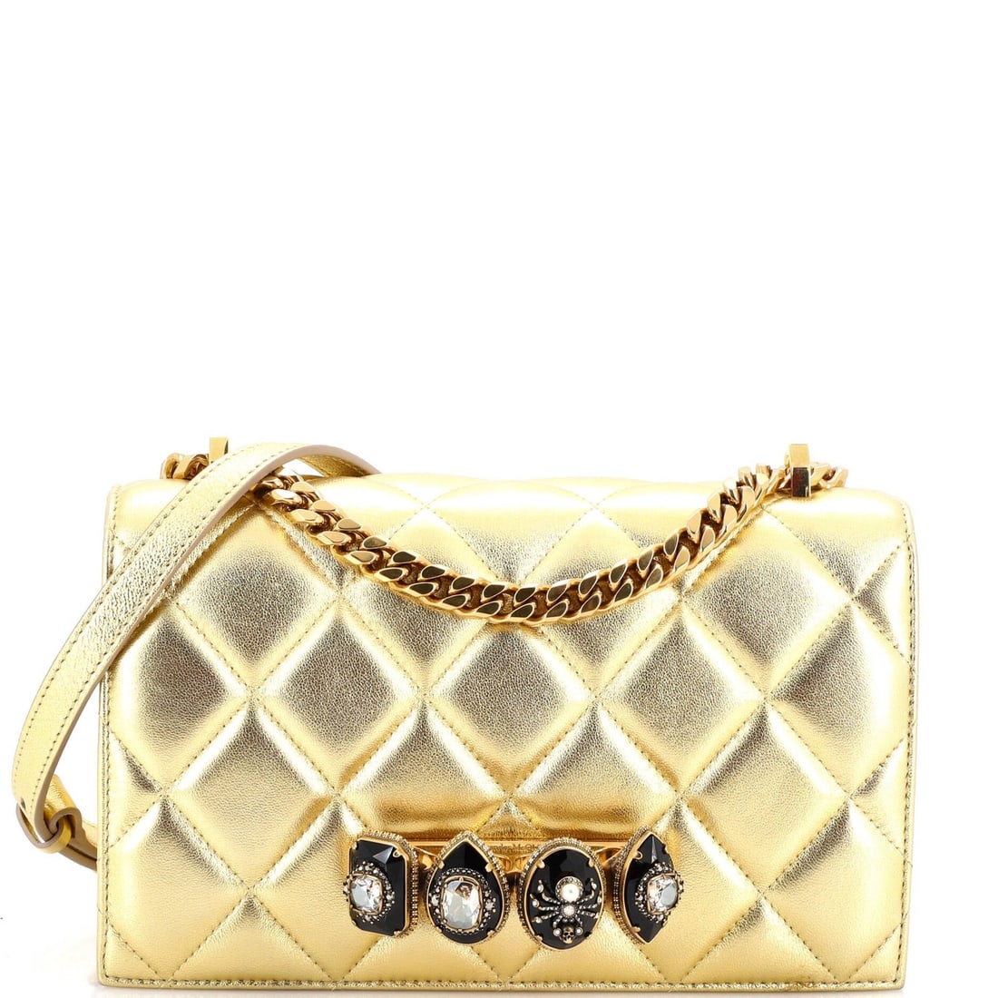 Jewelled Quilted Flap Medium Leather Satchel Alexander McQueen: Jewelled Quilted Flap Medium Leather Satchel Alexander McQueen Gold Jewelled Quilted Flap Medium Leather Satchel with intricate details and a luxurious feel. This medium-sized satchel features