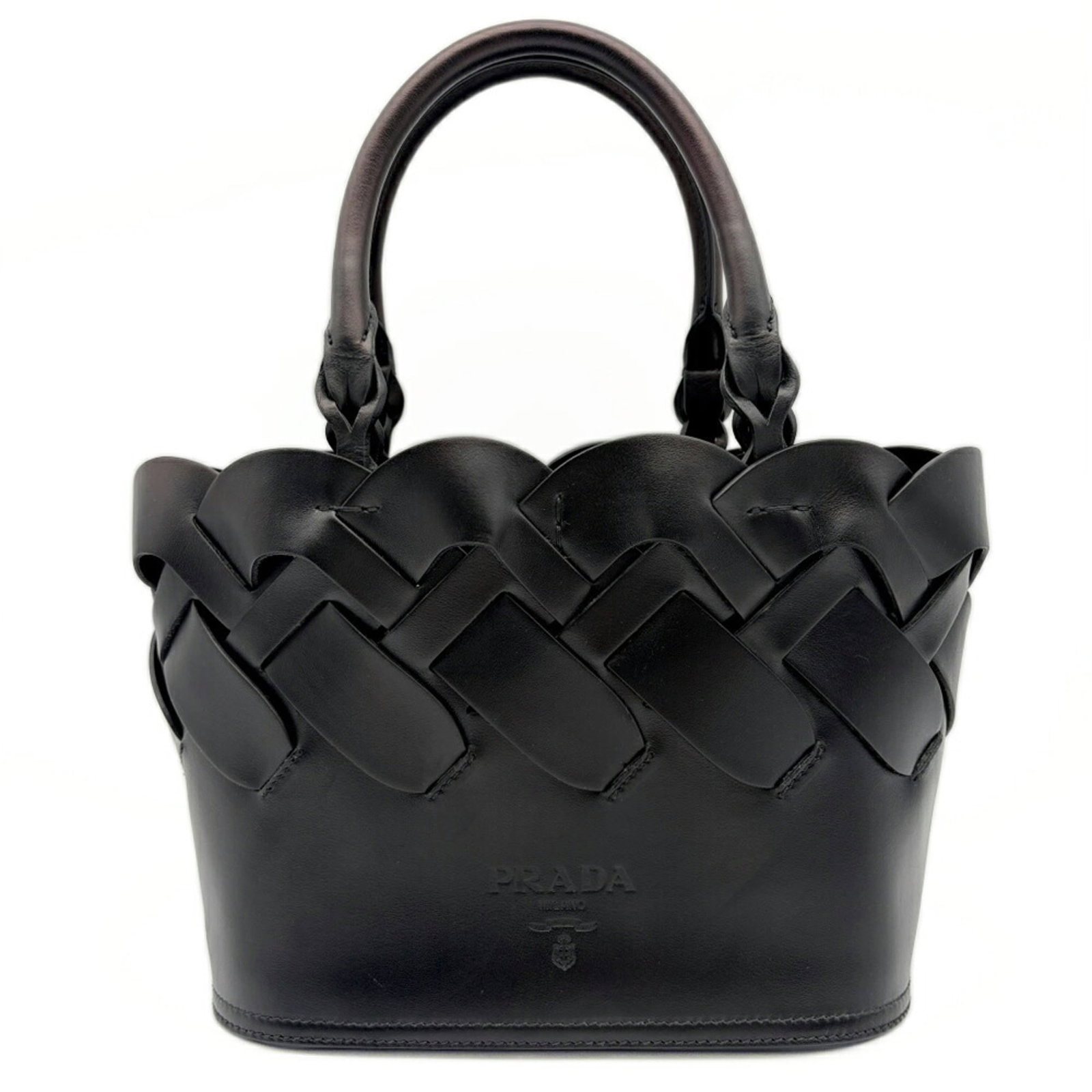 Leather Prada Tote Bag: Leather Prada Tote Bag Black leather Prada tote bag with dimensions 18.5cm x 24cm x 13cm. Made from high-quality leather, this bag features a classic design with clean lines and a timeless aesthetic.