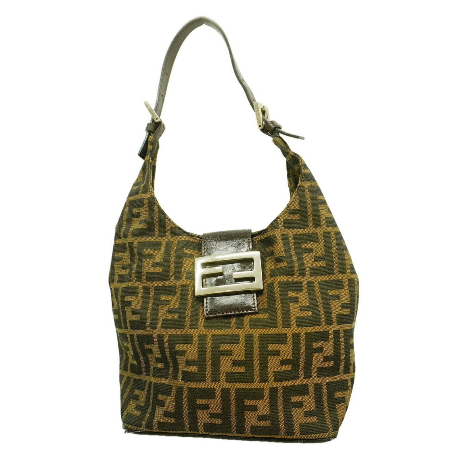 Nylon Canvas Fendi Bag Shoulder: Nylon Canvas Fendi Bag Shoulder Nylon canvas Fendi bag with a classic shoulder design, available in a rich brown color and adorned with silver hardware. Measuring 18cm x 19cm x 13cm, this stylish bag