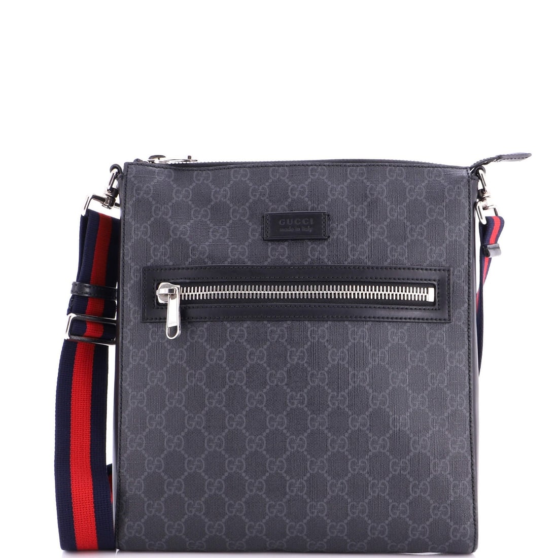 Gucci Web Strap Front Zip Canvas Medium Coated Messenger Bag GG: Gucci Web Strap Front Zip Canvas Medium Coated Messenger Bag GG Canvas Coated Gucci Web Strap Front Zip Messenger Bag in Black. This medium-sized messenger bag boasts a sleek web strap design and
