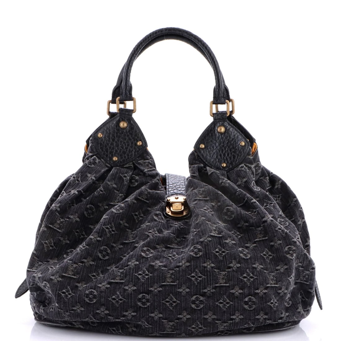 Louis Vuitton Hobo Denim: Louis Vuitton Hobo Denim Black Louis Vuitton Hobo Denim with a classic design, featuring a 9" handle drop and a spacious interior with microfiber lining in vibrant orange. The exterior shows signs of