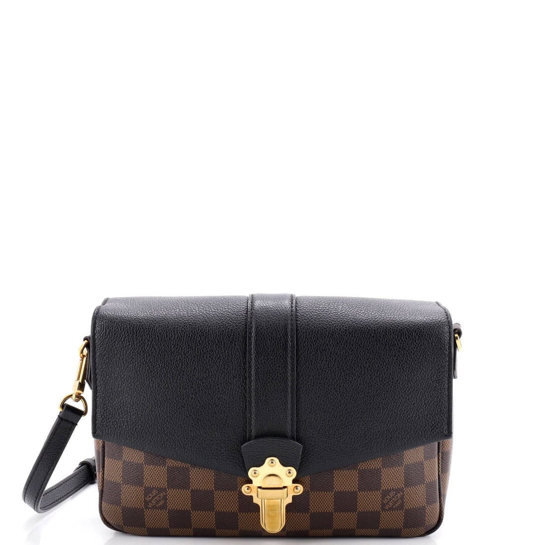 Damier Leather Handbag Vuitton Clapton Louis PM: Damier Leather Handbag Vuitton Clapton Louis PM Black Damier leather cross body bag with gold hardware, featuring a canvas coated exterior and microfiber interior in orange and yellow. The Clapton PM 