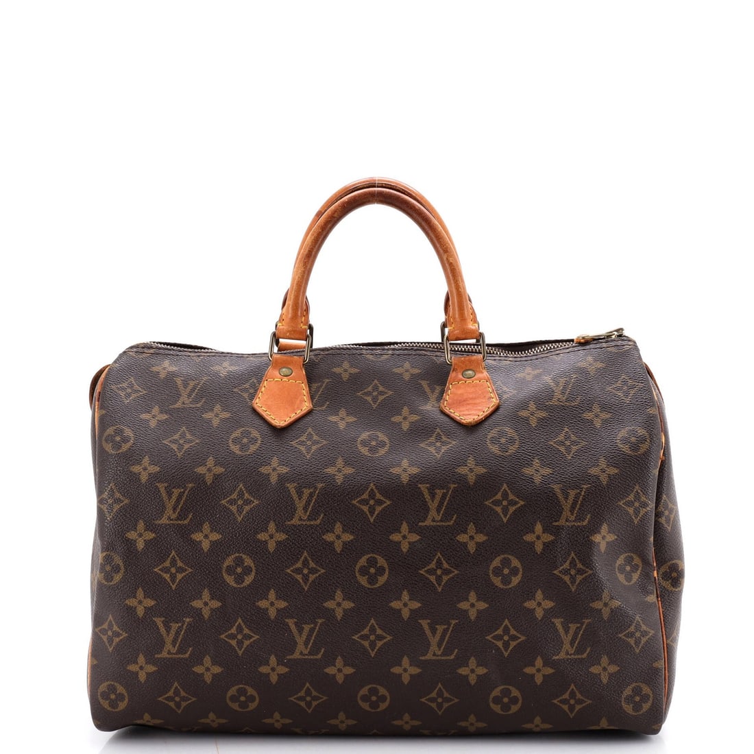 Speedy Handbag Monogram Canvas Louis Vuitton: Speedy Handbag Monogram Canvas Louis Vuitton Canvas Coated Louis Vuitton Speedy Handbag Monogram in Brown, featuring a sturdy top handle and gold hardware, measures 35" in height, 13.5" in width, and