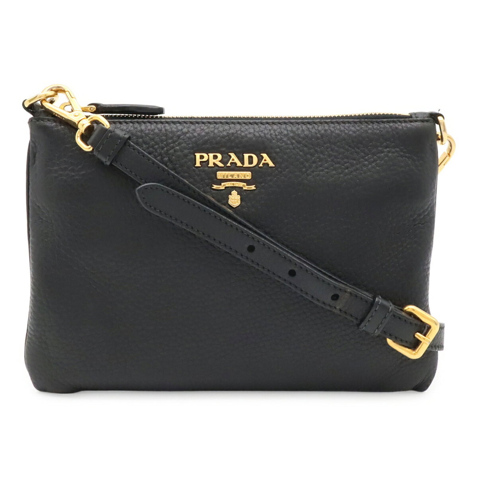 Shoulder Bag Leather Pochette Clutch Bag: Shoulder Bag Leather Pochette Clutch Bag Black leather pochette clutch bag from Prada, featuring gold hardware and a sleek, compact design. Made from high-quality leather, this shoulder bag measures 1