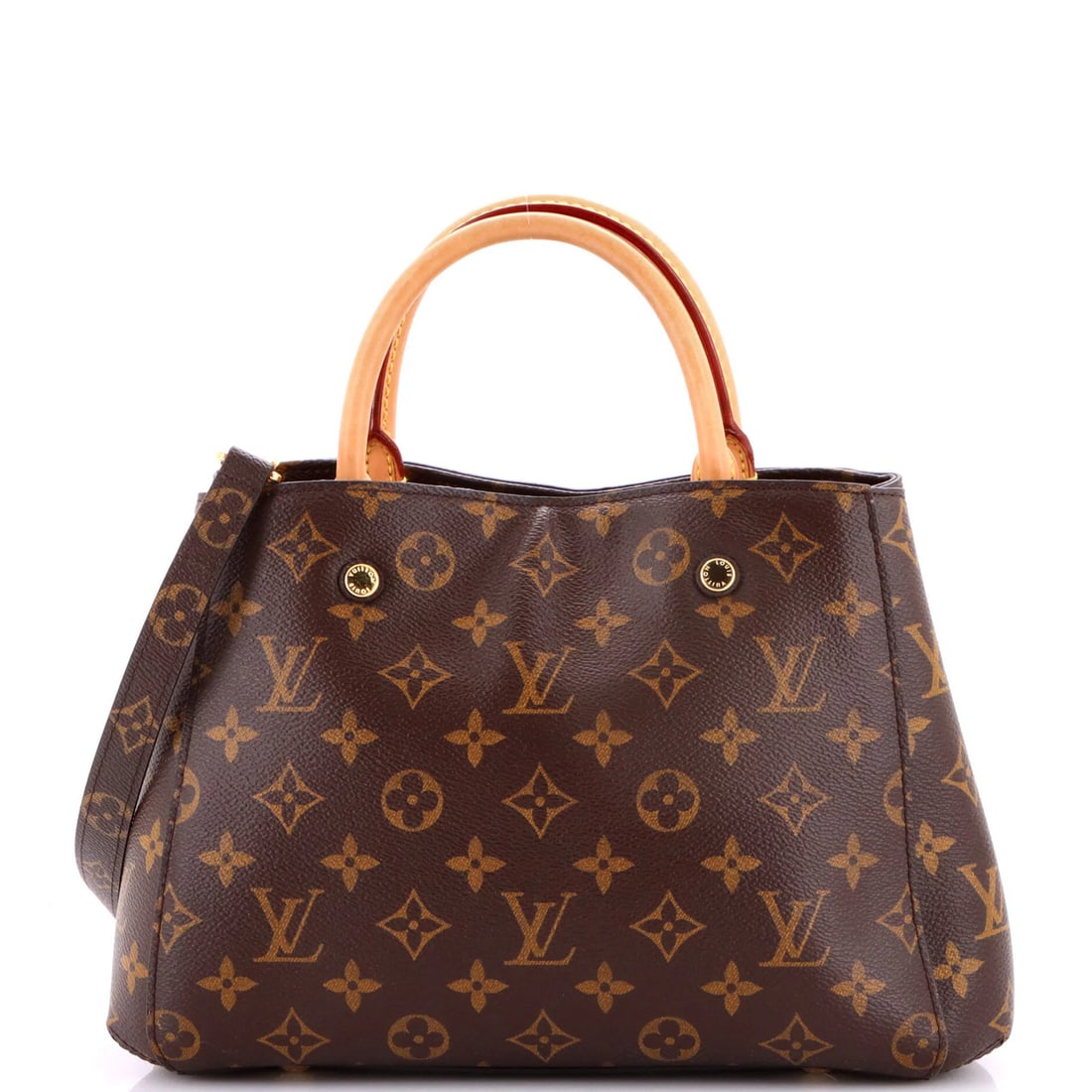 Montaigne Handbag Louis Vuitton Canvas Monogram BB: Montaigne Handbag Louis Vuitton Canvas Monogram BB Brown canvas monogram BB Louis Vuitton handbag with gold hardware, featuring a top handle and 21" strap, measuring 8" height, 12" width, and 5"