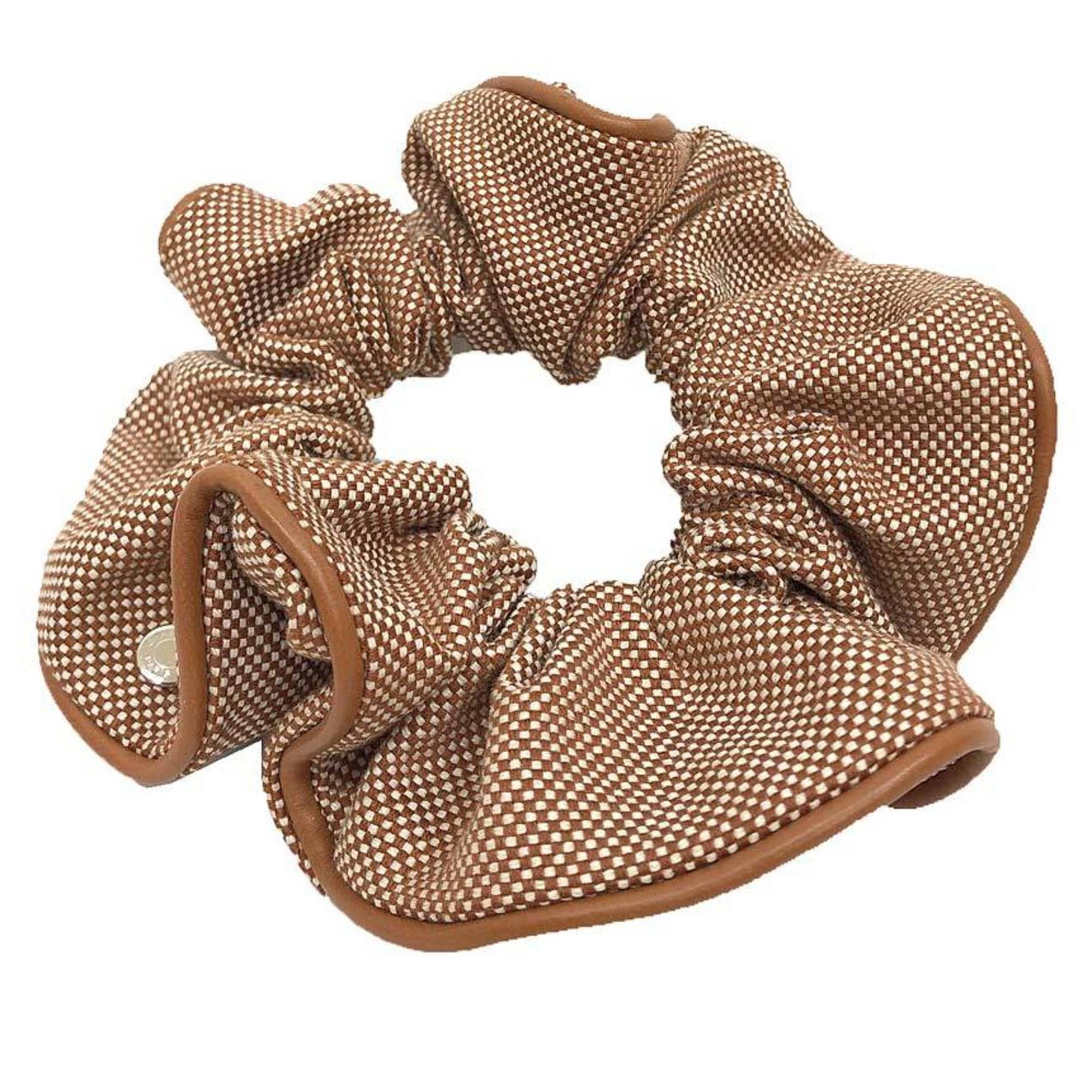 Cotton Leather Scrunchie Hermes: Cotton Leather Scrunchie Hermes Cotton leather scrunchie with a distinctive brown and gold design, combining cotton and leather materials. The item comes with a box, adding a touch of elegance to its 