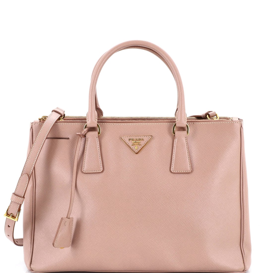 Saffiano Leather Lux Prada Double Medium Tote Zip: Saffiano Leather Lux Prada Double Medium Tote Zip Saffiano Leather Lux Prada Double Medium Tote Zip is a neutral-colored, medium-sized tote with a double zip closure, featuring a clochette with strap.