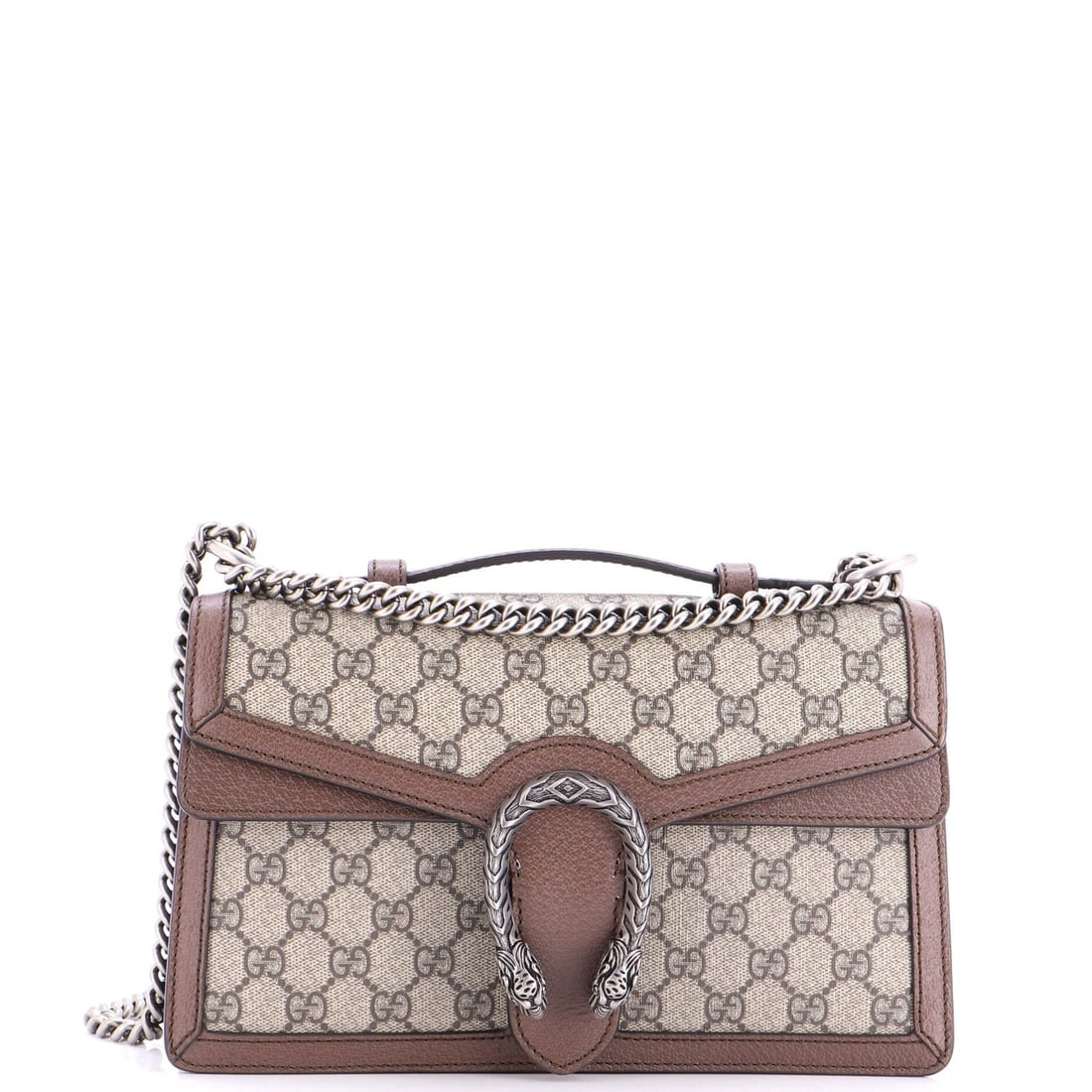 Gucci Small Chain Handle Top Bag Canvas Coated Dionysus GG: Gucci Small Chain Handle Top Bag Canvas Coated Dionysus GG Brown canvas coated Dionysus GG top handle chain bag with 9.5" drop and 15.5" strap drop, featuring a neutral suede interior and aged silver