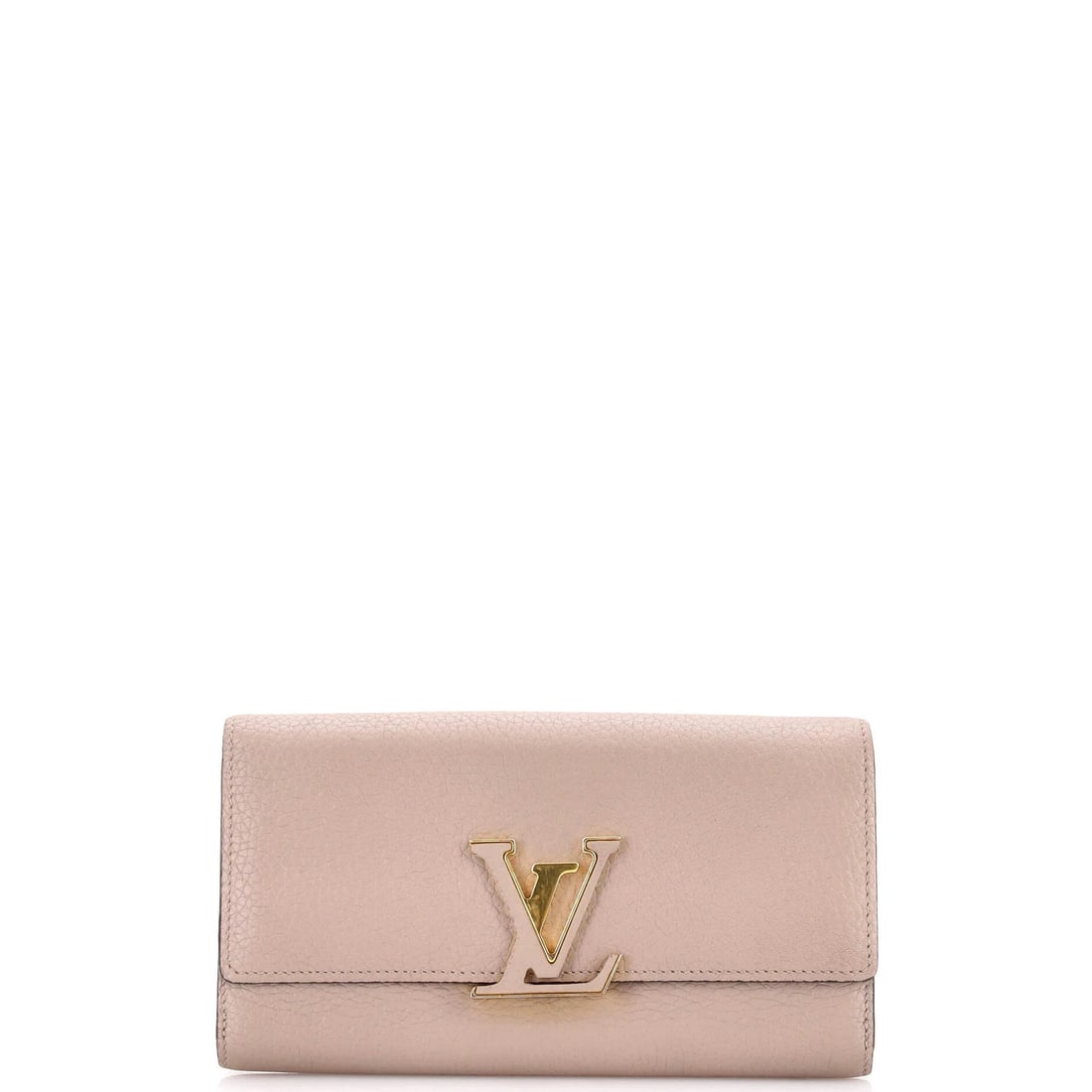 Louis Vuitton Capucines Wallet Leather: Louis Vuitton Capucines Wallet Leather The Louis Vuitton Capucines Wallet Leather is a neutral-colored, high-quality leather wallet with a classic design. Measuring 4.5" in height, 8" in width, and