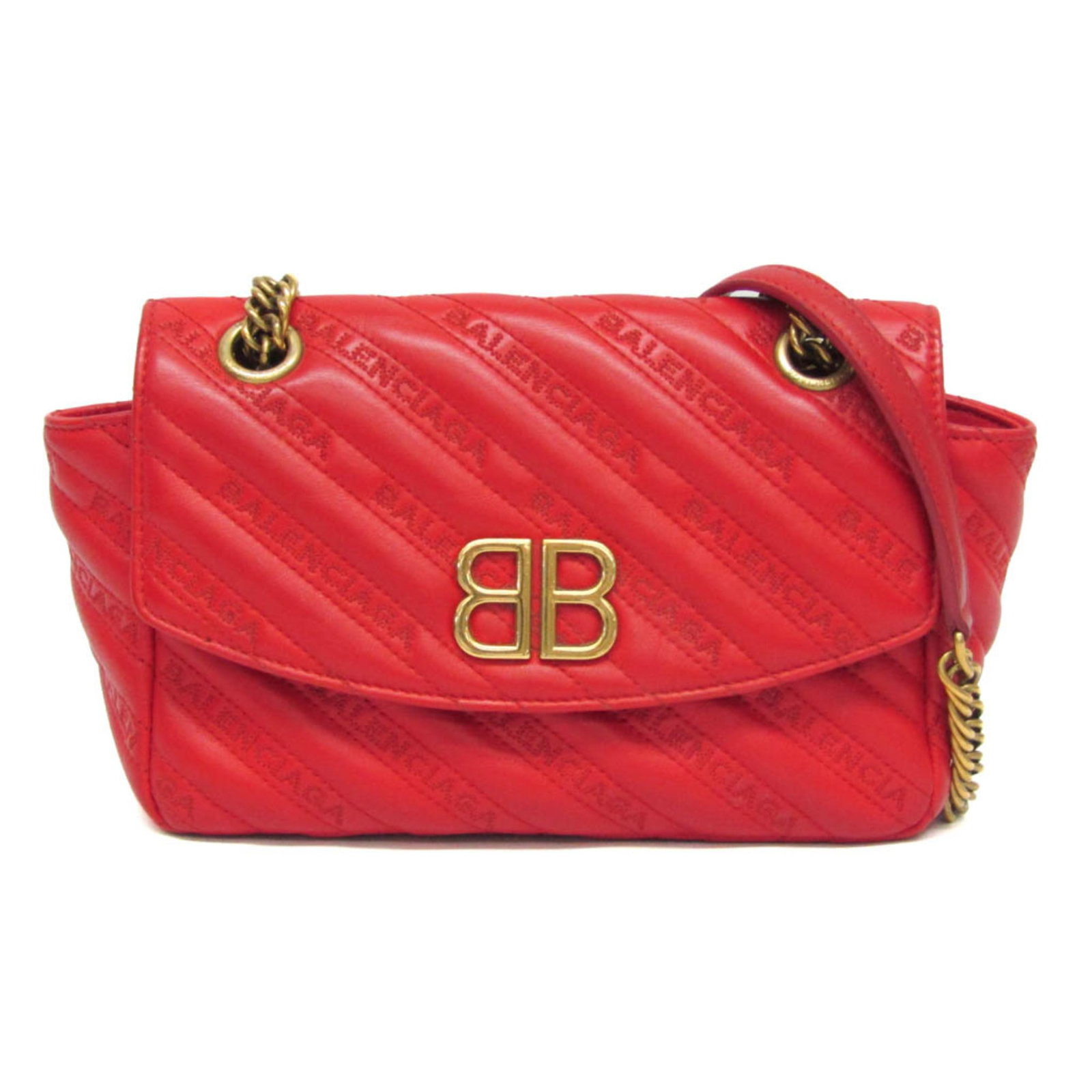 Bag Shoulder Leather Balenciaga: Bag Shoulder Leather Balenciaga Red leather shoulder bag from Balenciaga, featuring the iconic BB logo. Measuring 16cm x 22cm x 8cm, this stylish bag comes with adjustable straps that can be