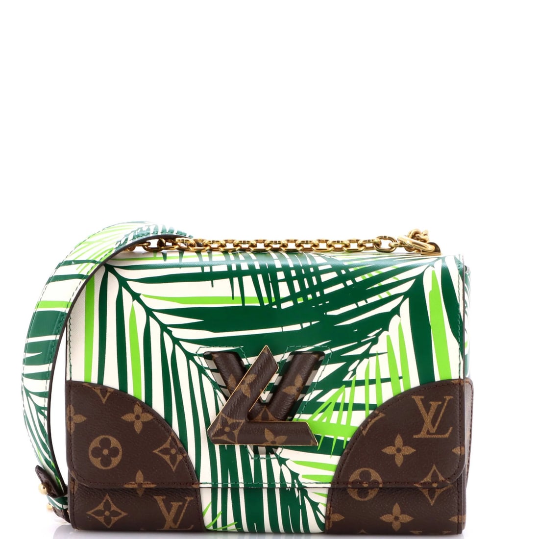 Twist Handbag Louis Vuitton Leather Monogram Palm Print Limited Edition: Twist Handbag Louis Vuitton Leather Monogram Palm Print Limited Edition Twist Handbag Louis Vuitton Leather Monogram Palm Print Limited Edition features a unique combination of brown and green hues,
