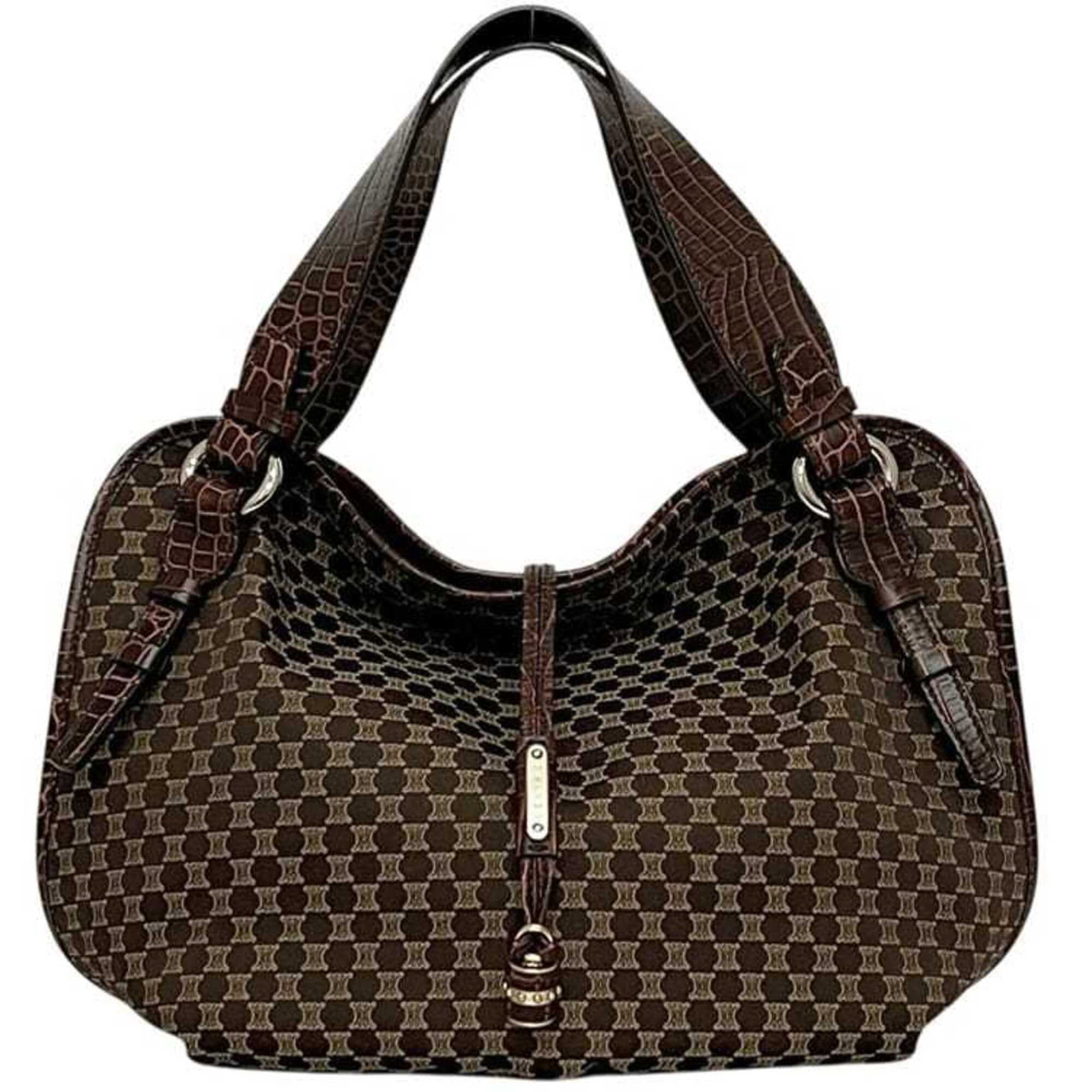Canvas leather tote bag: Canvas leather tote bag Canvas leather tote bag in brown, measuring 27cm x 38cm x 13cm, features a unique blend of canvas and leather materials. The bag's classic design and sturdy construction make i
