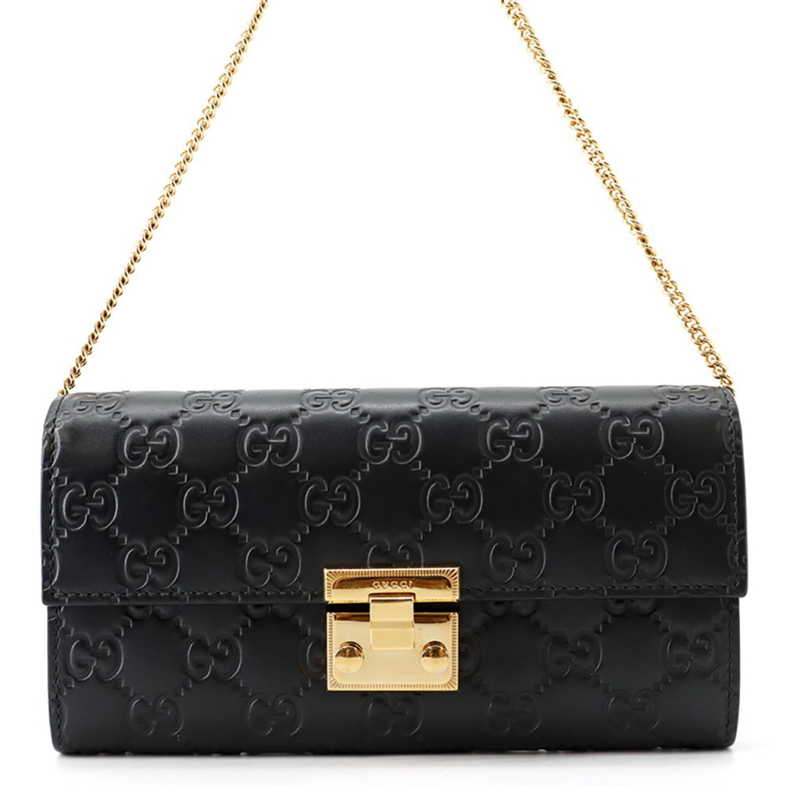 Gucci leather chain shoulder wallet: Gucci leather chain shoulder wallet Chain shoulder wallet in black GG leather from Gucci, featuring a 49cm chain strap and 10cm x 19cm dimensions. The sleek design showcases the signature Gucci