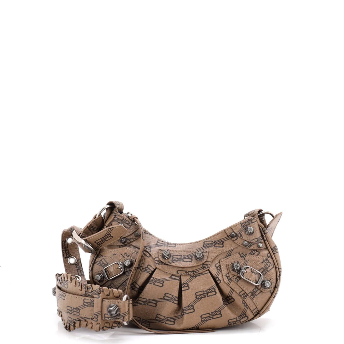 Giant Studs Le Cagole Monogram Coated Canvas BB XS Balenciaga Bag: Giant Studs Le Cagole Monogram Coated Canvas BB XS Balenciaga Bag Brown Balenciaga Le Cagole Monogram Coated Canvas BB XS Giant Studs Shoulder Bag with minor creases and scuffs, features a mirror