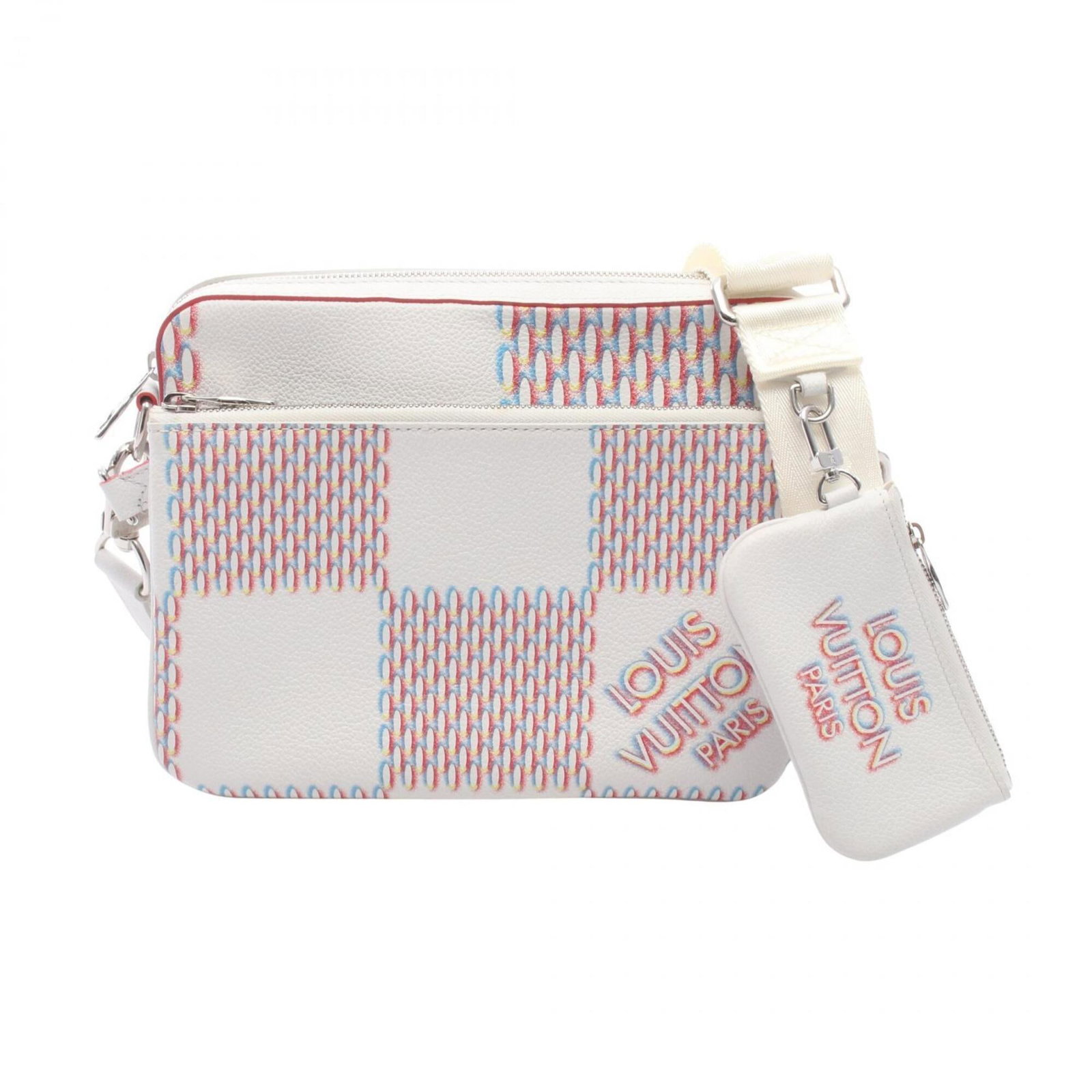 Shoulder Bag Handbag Leather Louis Vuitton: Shoulder Bag Handbag Leather Louis Vuitton This Louis Vuitton shoulder bag is a classic design with a multi-color, white leather exterior, measuring 18cm x 24cm x 5cm. The bag's signature monogram