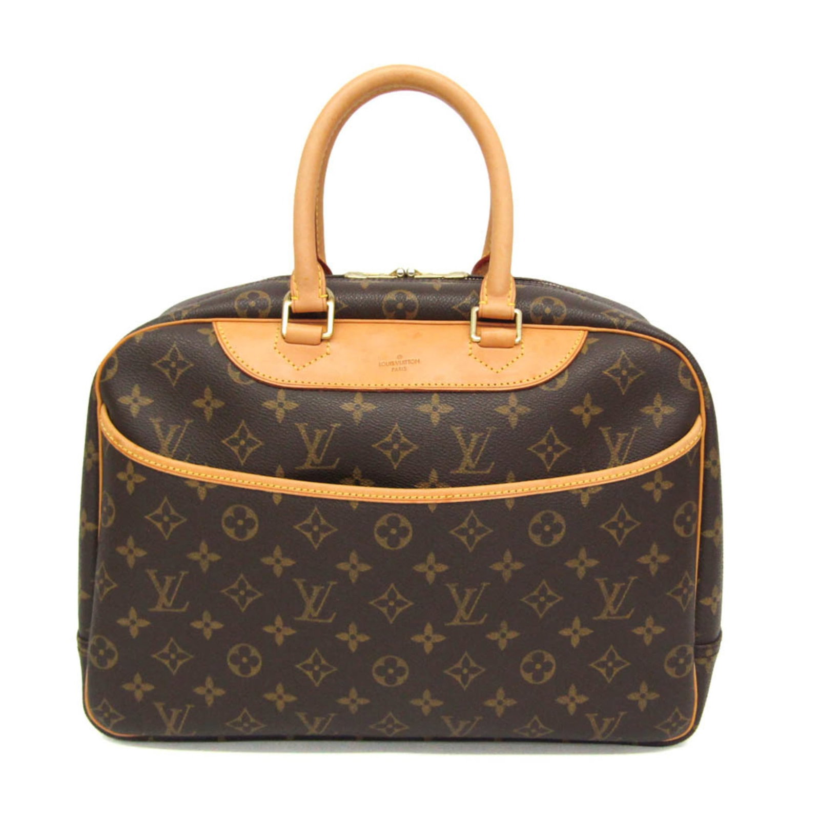 Louis Vuitton Monogram Handbag: Louis Vuitton Monogram Handbag Brown Louis Vuitton Monogram Deauville Handbag with Zipper Closure, Open Pockets and Bottle Holders. This classic handbag features the iconic Monogram pattern and a stur