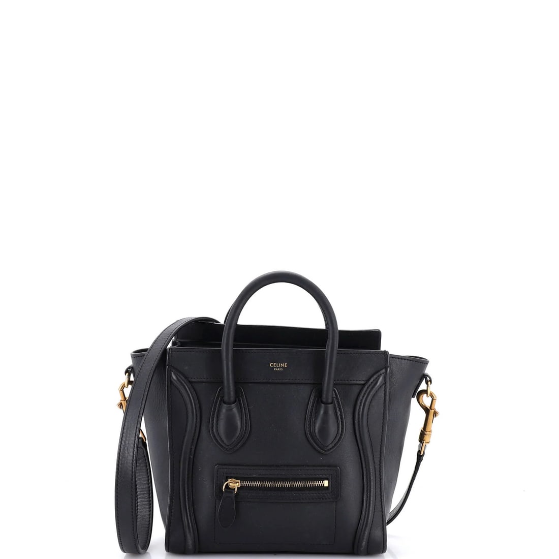 Luggage Bag Smooth Leather Nano Celine: Luggage Bag Smooth Leather Nano Celine Black Smooth Leather Nano Celine Luggage Bag with Aged Gold Hardware, featuring a classic cross body design and durable leather exterior with minor scuffs and
