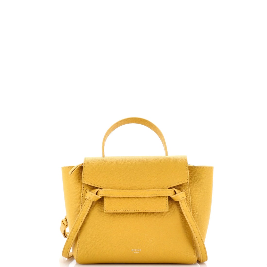 Nano Celine Belt Bag Textured Leather: Nano Celine Belt Bag Textured Leather The Celine Nano Belt Bag Textured Leather is a stylish and compact shoulder bag with a textured leather exterior in a vibrant yellow hue. Measuring 8" in height, 