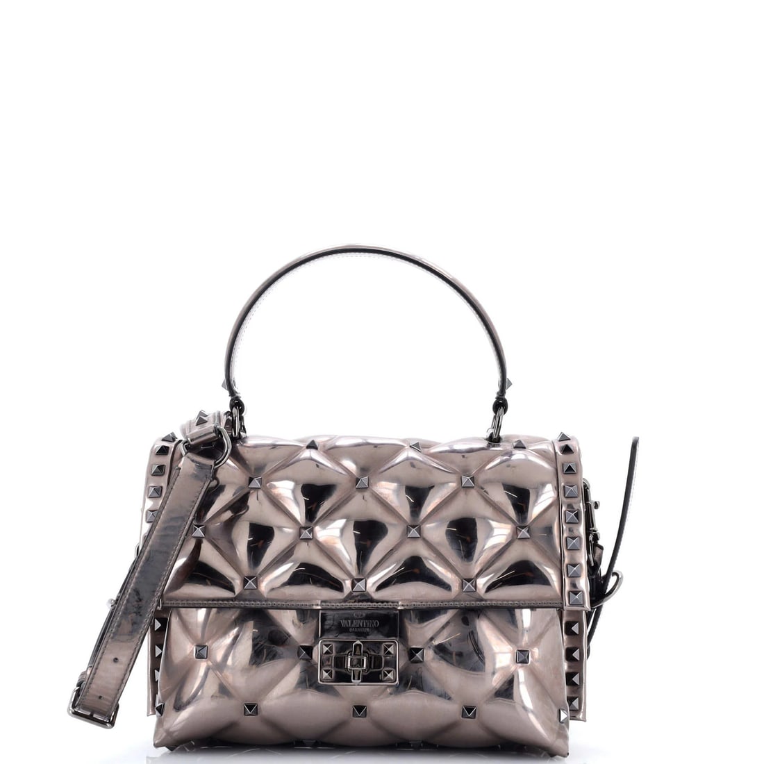 Garavani Valentino Candystud Top Medium Leather Bag: Garavani Valentino Candystud Top Medium Leather Bag Heavy scuffs, creases, and discoloration adorn this metallic leather Valentino Garavani Candystud Top Medium Leather Bag, adding a unique patina to
