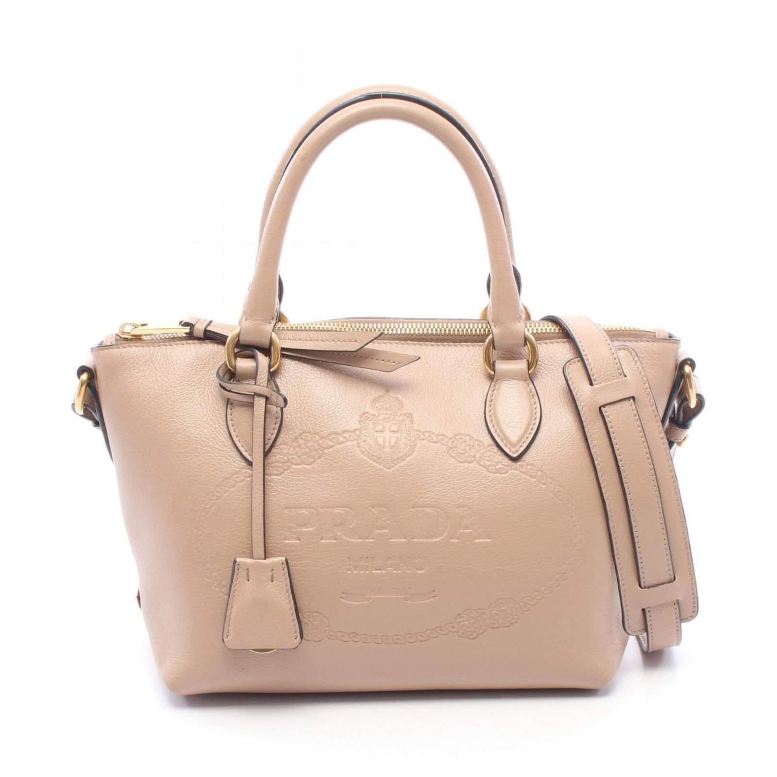 Handbag Leather Prada: Handbag Leather Prada Leather Prada handbag in beige, measuring 19cm x 23cm x 13cm. Made from high-quality leather, this stylish bag features a classic design that exudes sophistication. Its compact
