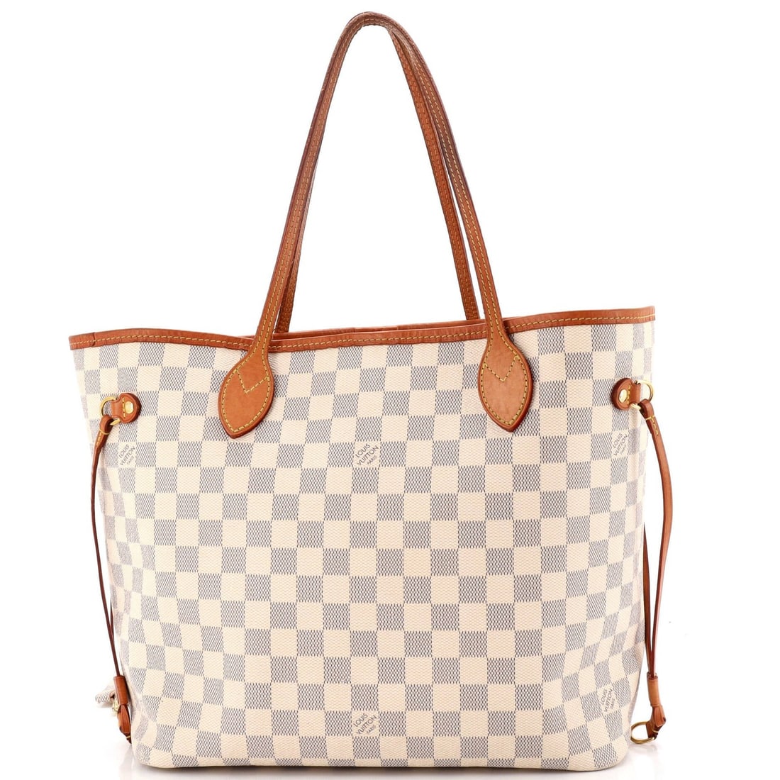 Louis Vuitton Neverfull NM Tote Damier MM: Louis Vuitton Neverfull NM Tote Damier MM White Louis Vuitton Neverfull NM Tote Damier MM in Fair Condition. This canvas-coated tote features a classic Damier MM pattern, gold hardware, and a