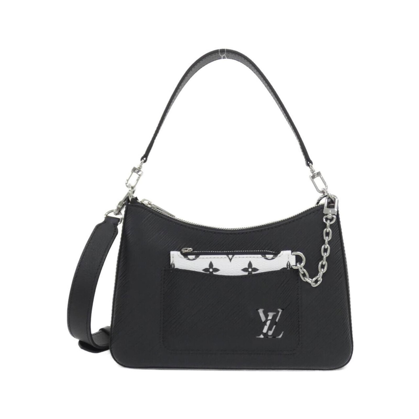 Shoulder Bag Leather Pouch Louis Vuitton: Shoulder Bag Leather Pouch Louis Vuitton Black leather calf pouch from Louis Vuitton, featuring silver hardware and a compact 15cm x 25cm x 8cm size. This shoulder bag is made from high-quality