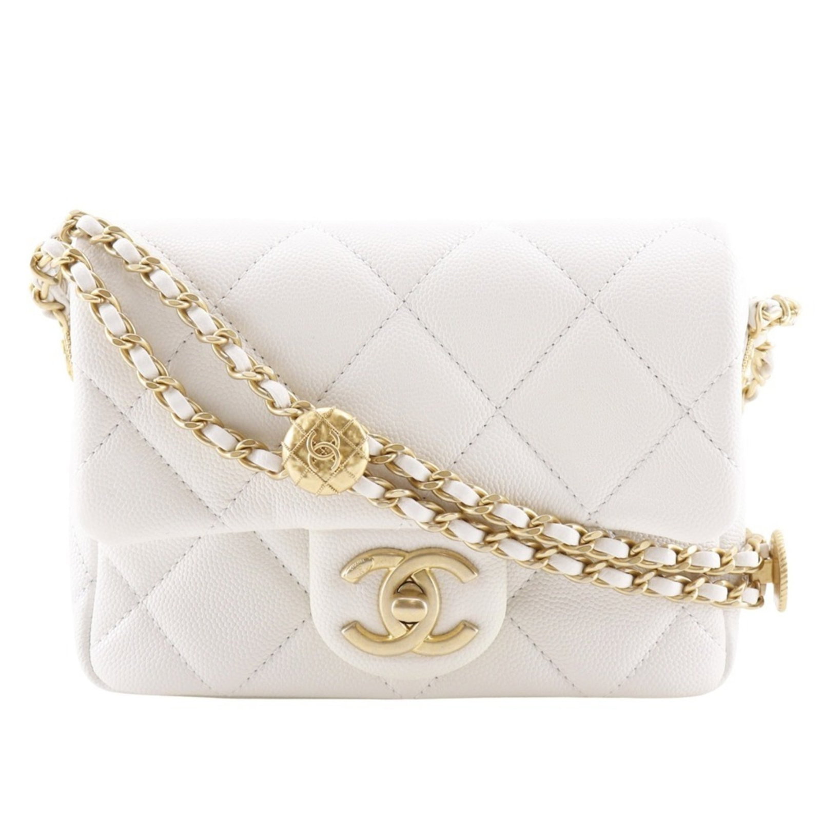 Calfskin Grained Chanel Bag Shoulder: Calfskin Grained Chanel Bag Shoulder Grained Calfskin Chanel Bag Shoulder in White. This stylish shoulder bag features a classic design with a white grained calfskin material, measuring 12cm x 16cm x