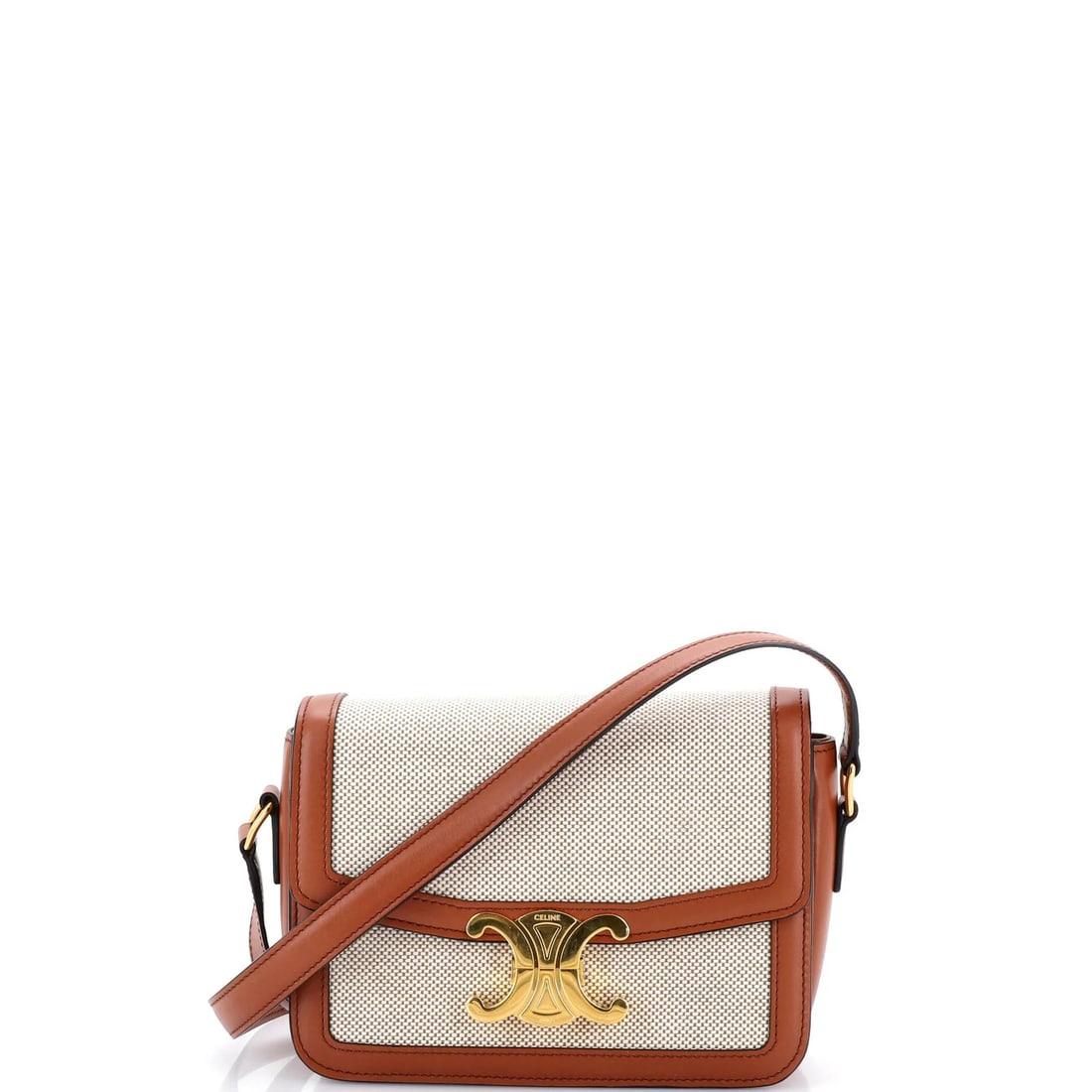 Canvas Leather Bag with Teen Celine Triomphe Shoulder: Canvas Leather Bag with Teen Celine Triomphe Shoulder Canvas Leather Bag with Triomphe Shoulder, a stylish and versatile accessory. This neutral-colored, cross-body bag features a canvas exterior