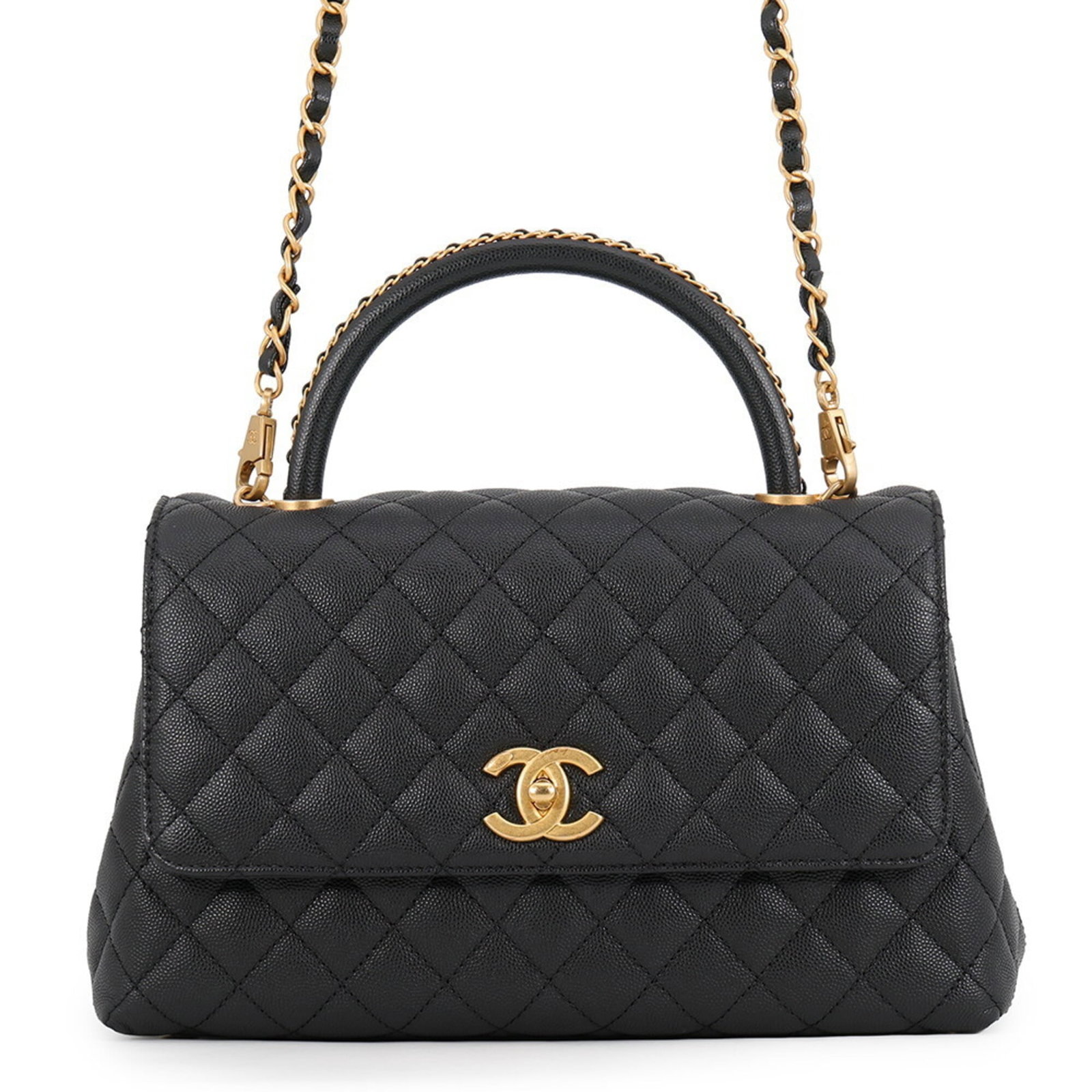 Calfskin Handbag Chanel: Calfskin Handbag Chanel Grained calfskin provides a luxurious feel to this black Matelasse handbag from Chanel, featuring gold hardware and a sturdy 103cm strap length. The bag's compact size and weig