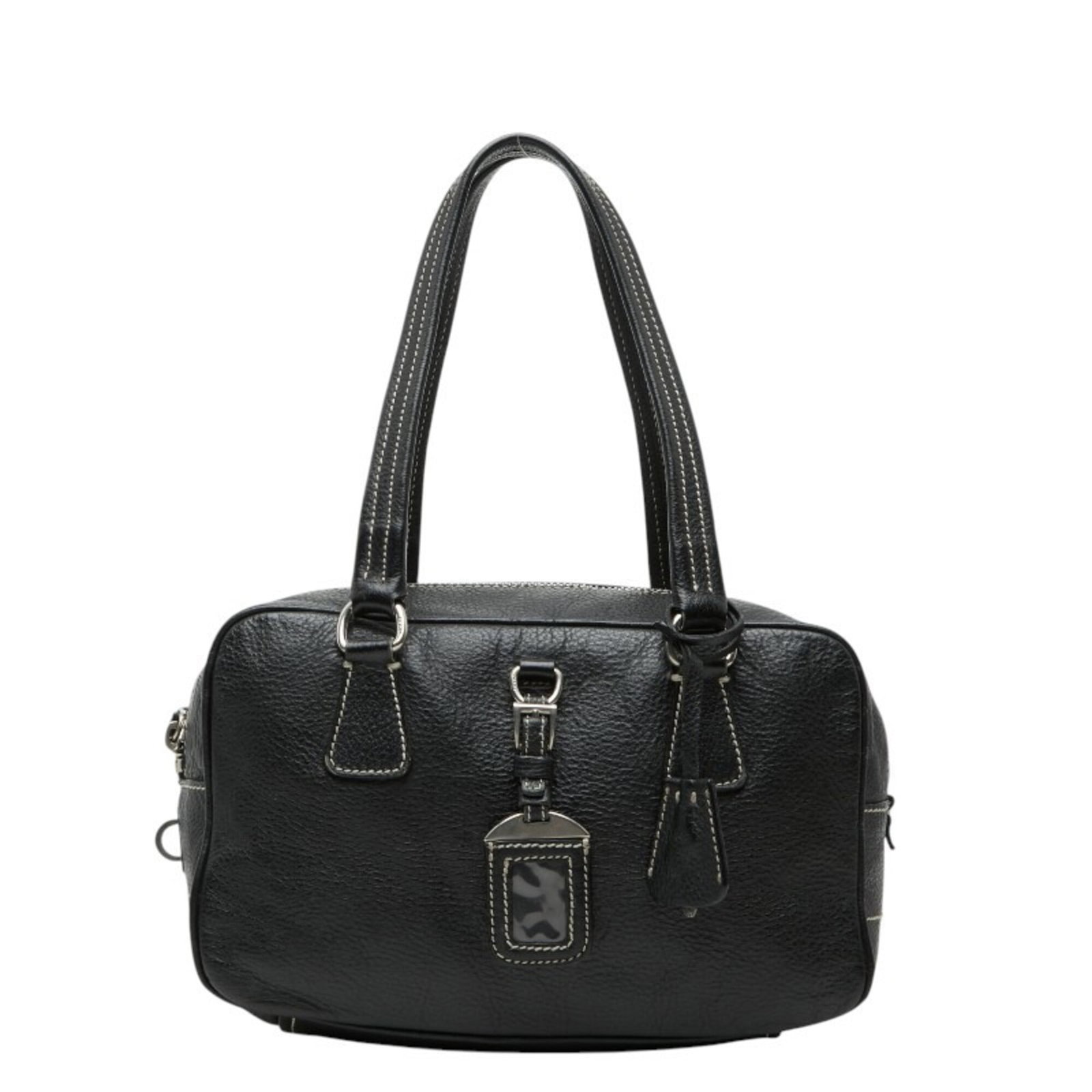 Boston Handbag Leather Prada: Boston Handbag Leather Prada Black leather Prada Boston handbag with a zipper closure, measuring 17cm x 29cm x 10cm. This stylish bag features a classic design with a 23cm handle drop, perfect for eve