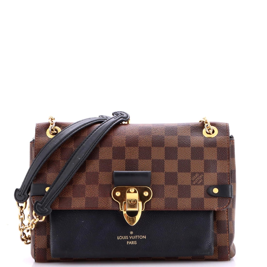 Handbag Damier Leather Louis Vuitton PM Vavin: Handbag Damier Leather Louis Vuitton PM Vavin Black Damier Leather Louis Vuitton PM Vavin Cross Body Bag with Gold Hardware, featuring a canvas-coated leather exterior and microfiber interior. The