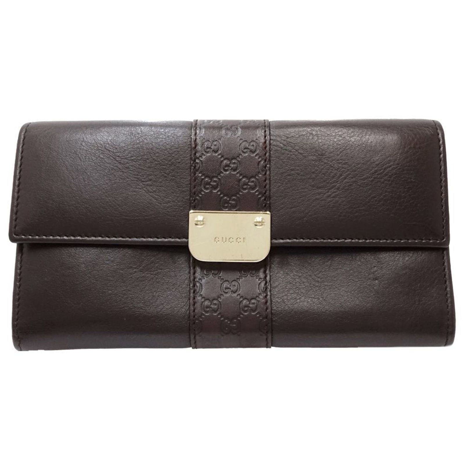 Gucci Long Wallet (Bi-Fold) Leather: Gucci Long Wallet (Bi-Fold) Leather Dark brown Gucci leather bi-fold wallet with a classic design, measuring 10.5cm x 19cm x 3cm. Comes in a box, providing a convenient way to store and transport