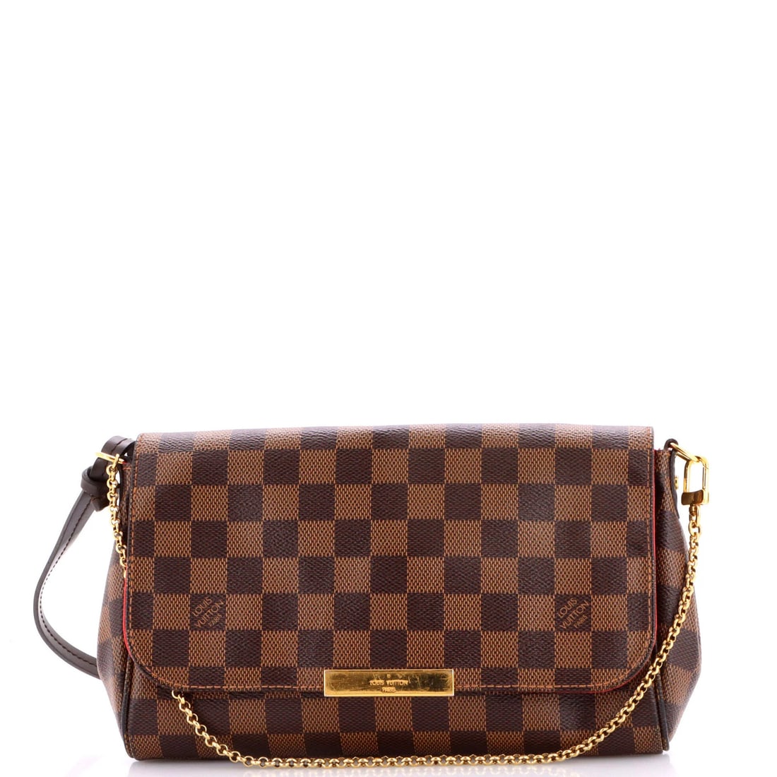 Louis Vuitton Favorite Handbag Damier MM: Louis Vuitton Favorite Handbag Damier MM The Louis Vuitton Favorite Handbag Damier MM is a stylish cross body bag with a classic design. Featuring a brown canvas coated exterior with a red interior,