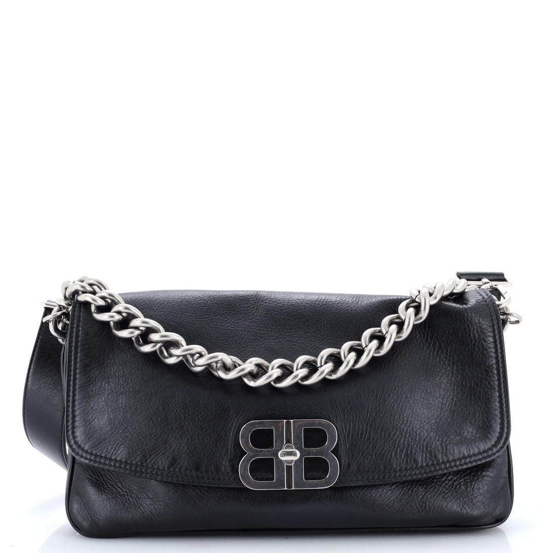 Balenciaga BB Soft Flap Bag Leather Medium: Balenciaga BB Soft Flap Bag Leather Medium Black leather medium Balenciaga BB Soft Flap Bag with extra strap, featuring minor creases, scuffs, and edge wear. The bag's interior bears a perfume odor, w