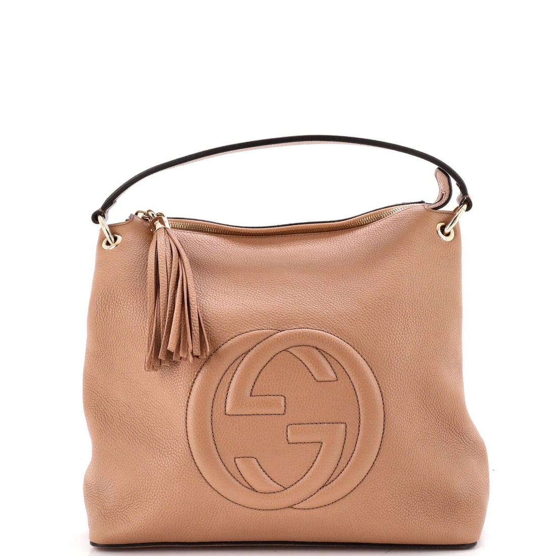 Large Leather Convertible Hobo Gucci Soho: Large Leather Convertible Hobo Gucci Soho Large Leather Convertible Hobo Gucci Soho features a neutral exterior with minor scuffs, minor creases, and minor corner wear. The interior boasts a neutral