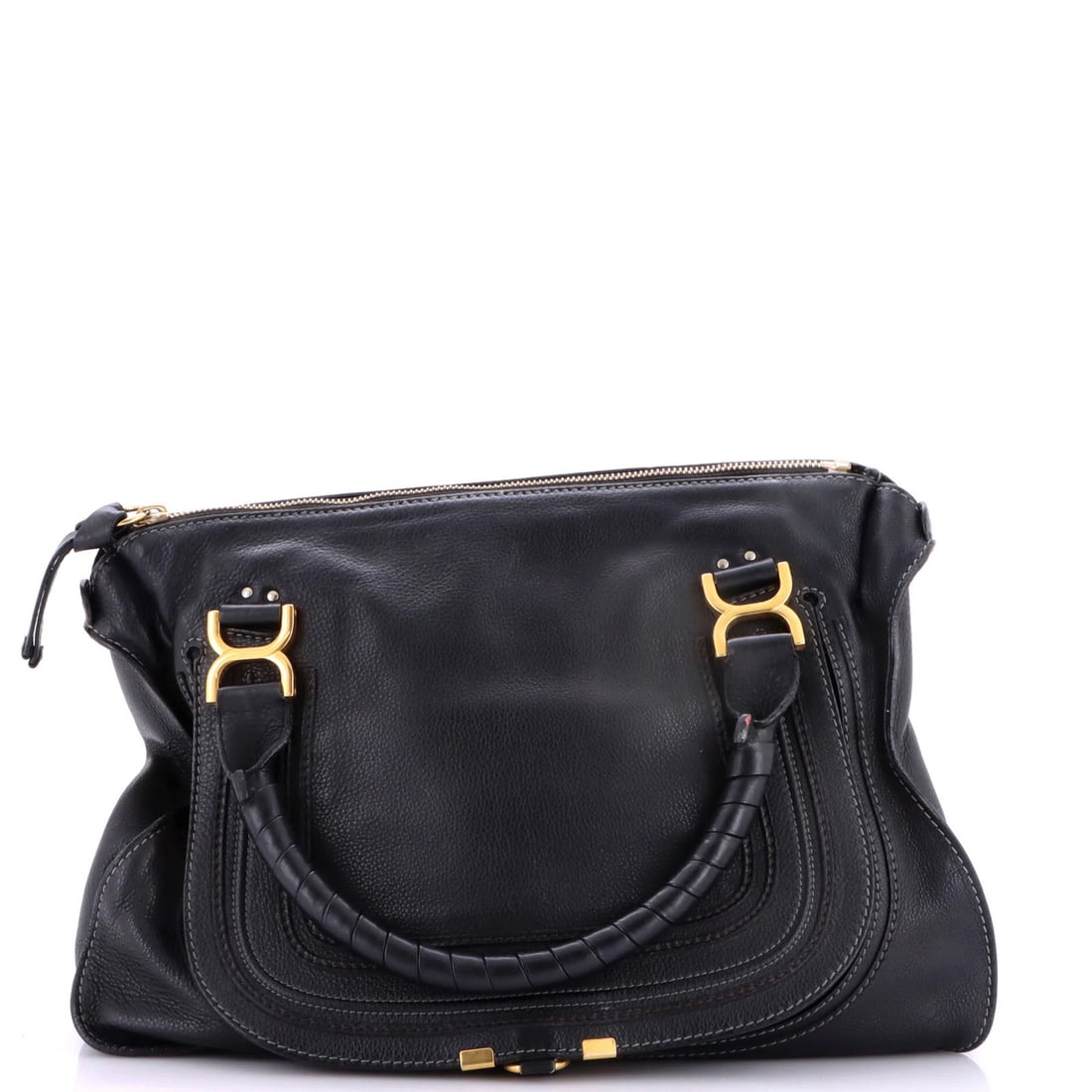 Large Leather Chloe Marcie Shoulder Bag: Large Leather Chloe Marcie Shoulder Bag Black Chloe Marcie Shoulder Bag with a rich, worn exterior featuring cracking, scuffs, and minor creases, and a spacious interior with heavy discoloration and s