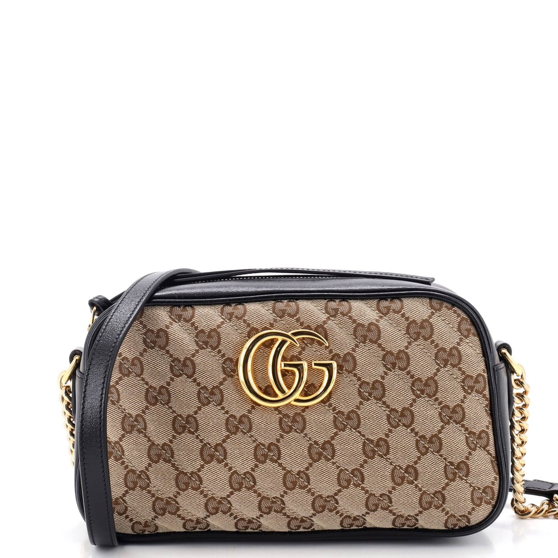 Gucci GG Marmont Shoulder Bag Diagonal Quilted GG Canvas with Leather Small: Gucci GG Marmont Shoulder Bag Diagonal Quilted GG Canvas with Leather Small Small Gucci GG Marmont Shoulder Bag with Diagonal Quilted GG Canvas and Leather in Black, featuring a classic cross-body