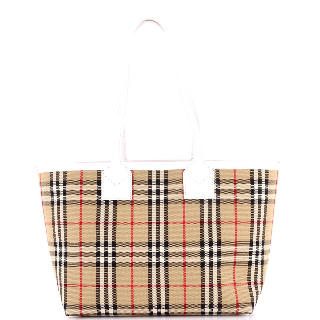 Check Canvas Small Vintage Burberry London Tote: Check Canvas Small Vintage Burberry London Tote Small Vintage Burberry London Tote in Brown and White Check Canvas. This classic tote boasts a timeless design with a rich brown and white check canvas 
