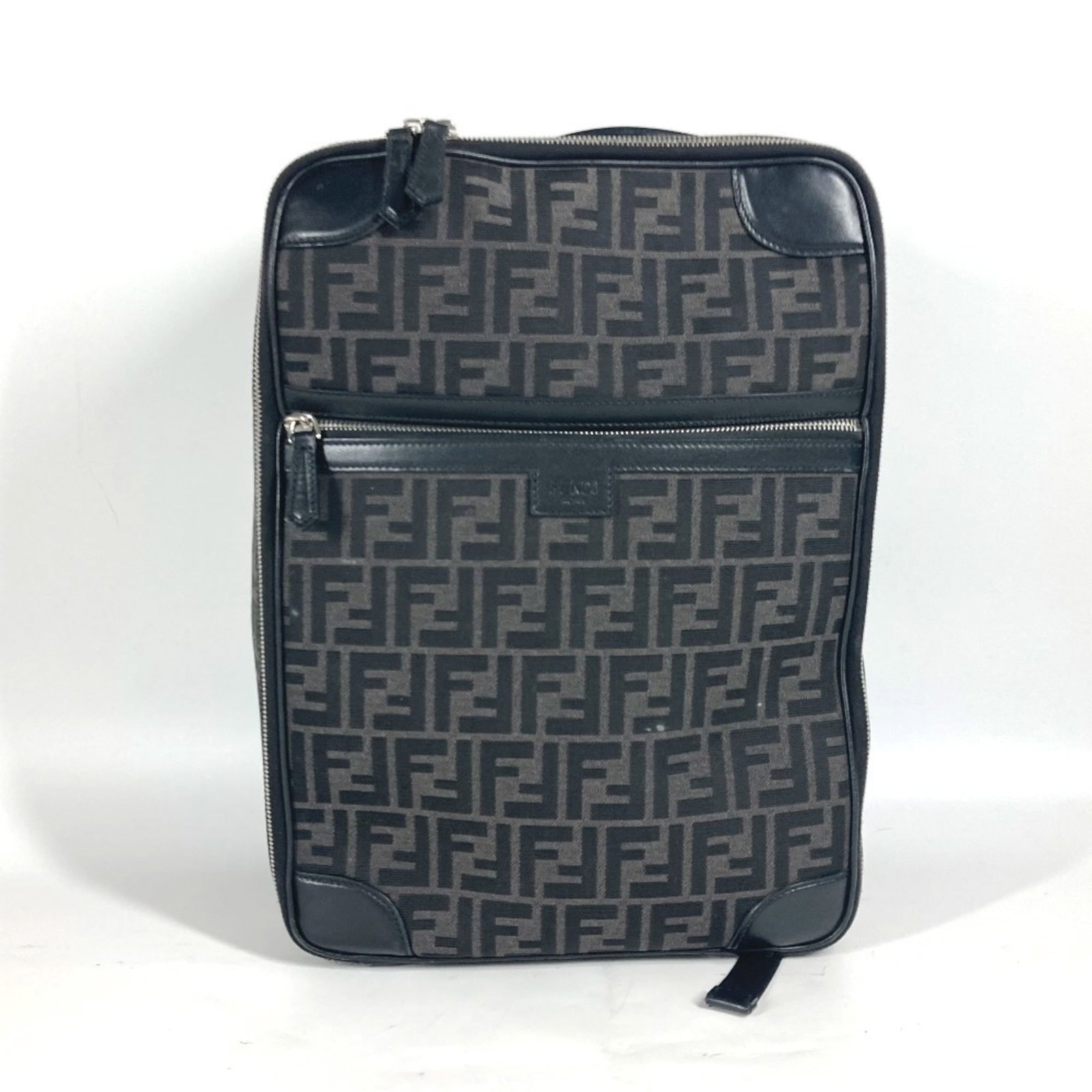 Backpack Canvas Leather Fendi: Backpack Canvas Leather Fendi Canvas and leather combine in this sleek Fendi backpack, available in black and gray hues. Measuring 34cm x 25.5cm x 14.5cm, it features a simple design with no additiona