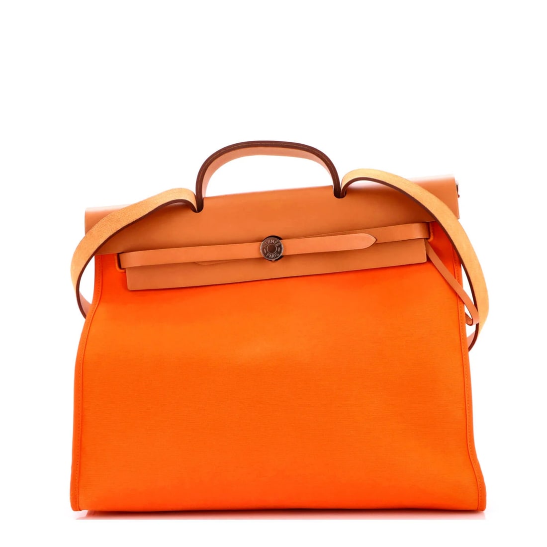 Hermes Herbag Zip Leather Toile 39: Hermes Herbag Zip Leather Toile 39 The Hermes Herbag Zip Leather Toile 39 is a vibrant orange tote with a striking canvas interior, featuring a pochette with a strap. Measuring 12" tall and 15.5"