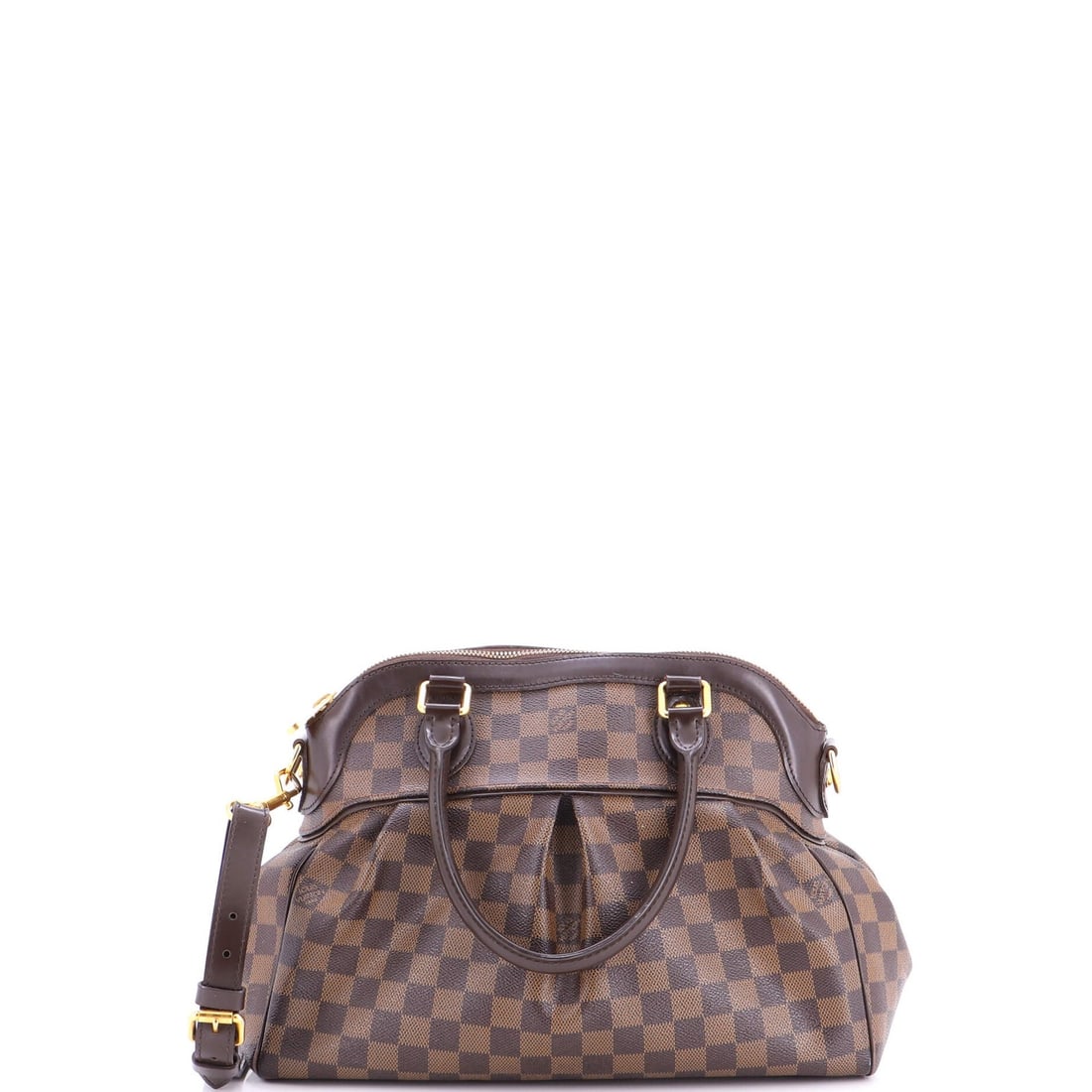 Trevi Handbag Damier Louis Vuitton: Trevi Handbag Damier Louis Vuitton Brown Louis Vuitton Damier PM Satchel with heavy corner wear, scuffs, and edge wear, offering a unique and worn-in look. This canvas-coated leather handbag features 