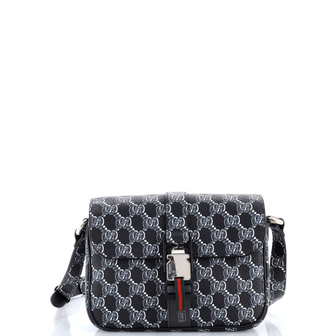 Shadow Coated Canvas Mini Crossbody Bag GG Buckle Front Gucci: Shadow Coated Canvas Mini Crossbody Bag GG Buckle Front Gucci Black GG Shadow Coated Canvas Mini Crossbody Bag with Front Buckle, measuring 6.5" height, 8" width, and 2.5" depth, features a canvas coa
