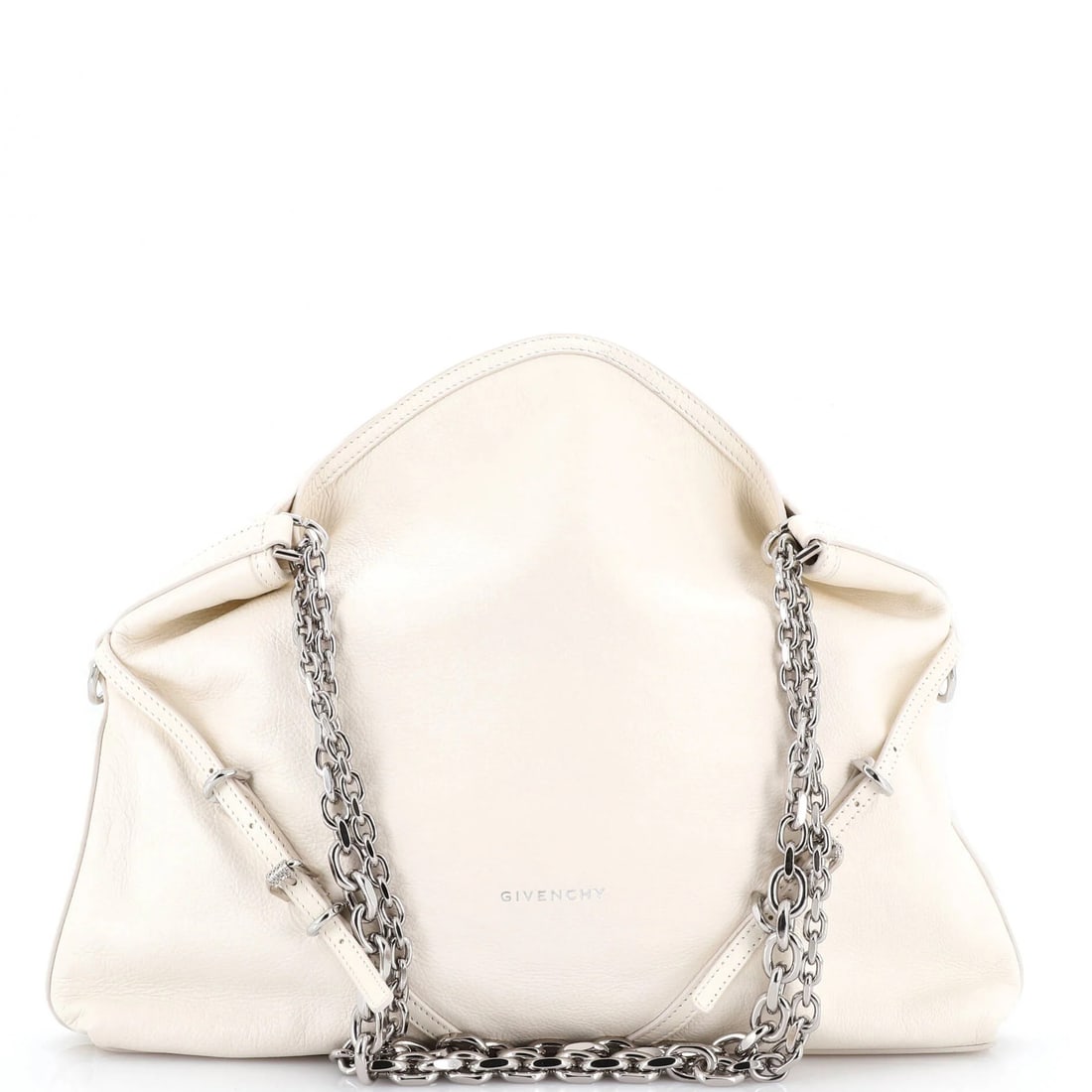 Voyou Chain Leather Shoulder Medium Bag Givenchy: Voyou Chain Leather Shoulder Medium Bag Givenchy Givenchy's Voyou Chain Leather Shoulder Bag is a neutral-toned medium bag with a sleek design, featuring a leather exterior and silver hardware. The