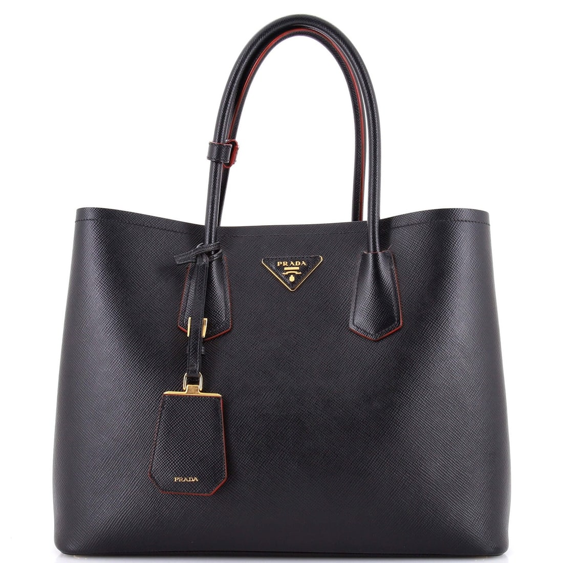 Saffiano Leather Cuir Tote Double Prada Medium: Saffiano Leather Cuir Tote Double Prada Medium Saffiano Leather Cuir Tote Double Prada Medium - A luxurious black double tote with a rich, red interior and gold hardware, featuring heavy cracking on