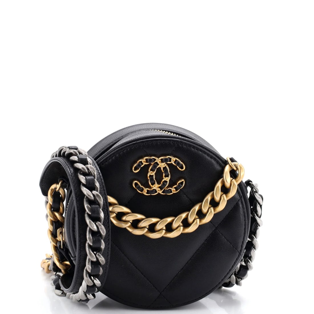 Round Clutch Quilted Leather with Chain 19 Chanel: Round Clutch Quilted Leather with Chain 19 Chanel This 19 Chanel round clutch features a sleek, quilted leather exterior in black, paired with a striking red interior. The chain strap adds a touch of