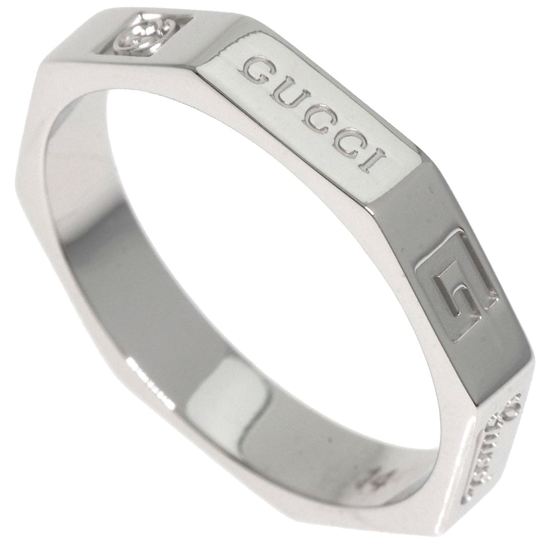 K18 White Gold Gucci Octagonal Ring # 14: K18 White Gold Gucci Octagonal Ring # 14 K18 White Gold Gucci Octagonal Ring #14 is a striking silver metal ring featuring an open design and a signature from the artist. Made from high-quality K18