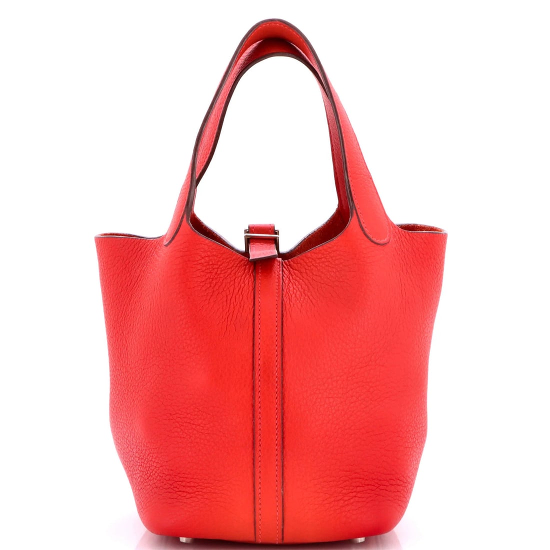 Picotin Bag Clemence Hermes PM: Picotin Bag Clemence Hermes PM The Picotin Bag Clemence PM from Hermes is a striking red leather tote with Palladium hardware, featuring a classic design and timeless elegance. With its clean lines