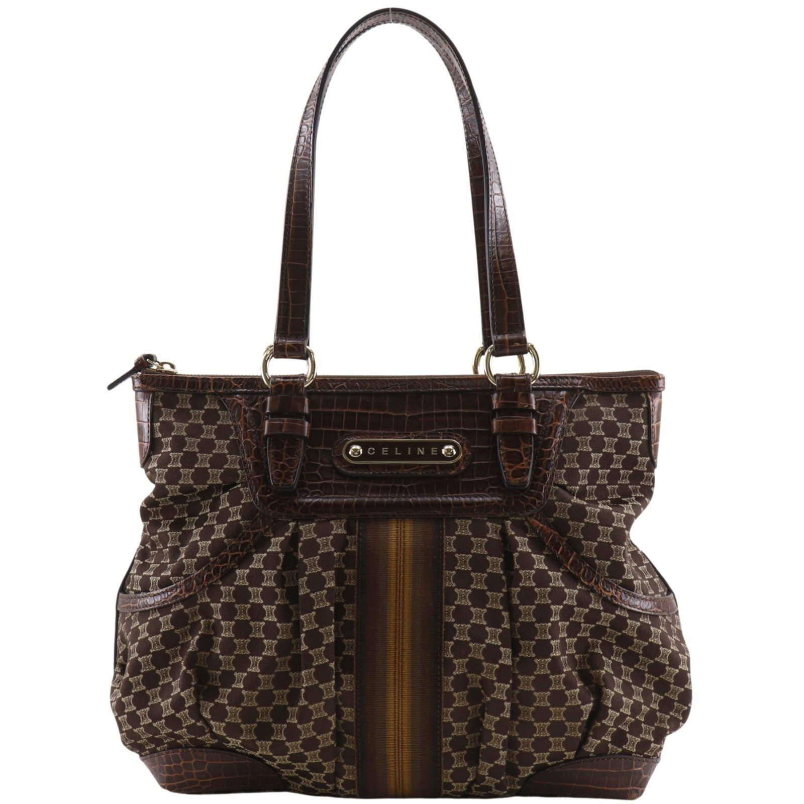 Nylon Canvas Celine Bag Leather Tote: Nylon Canvas Celine Bag Leather Tote Nylon canvas and leather combine in this elegant Celine tote bag, with a classic brown color and precise dimensions of 26cm x 28cm x 12cm. The bag's sturdy nylon
