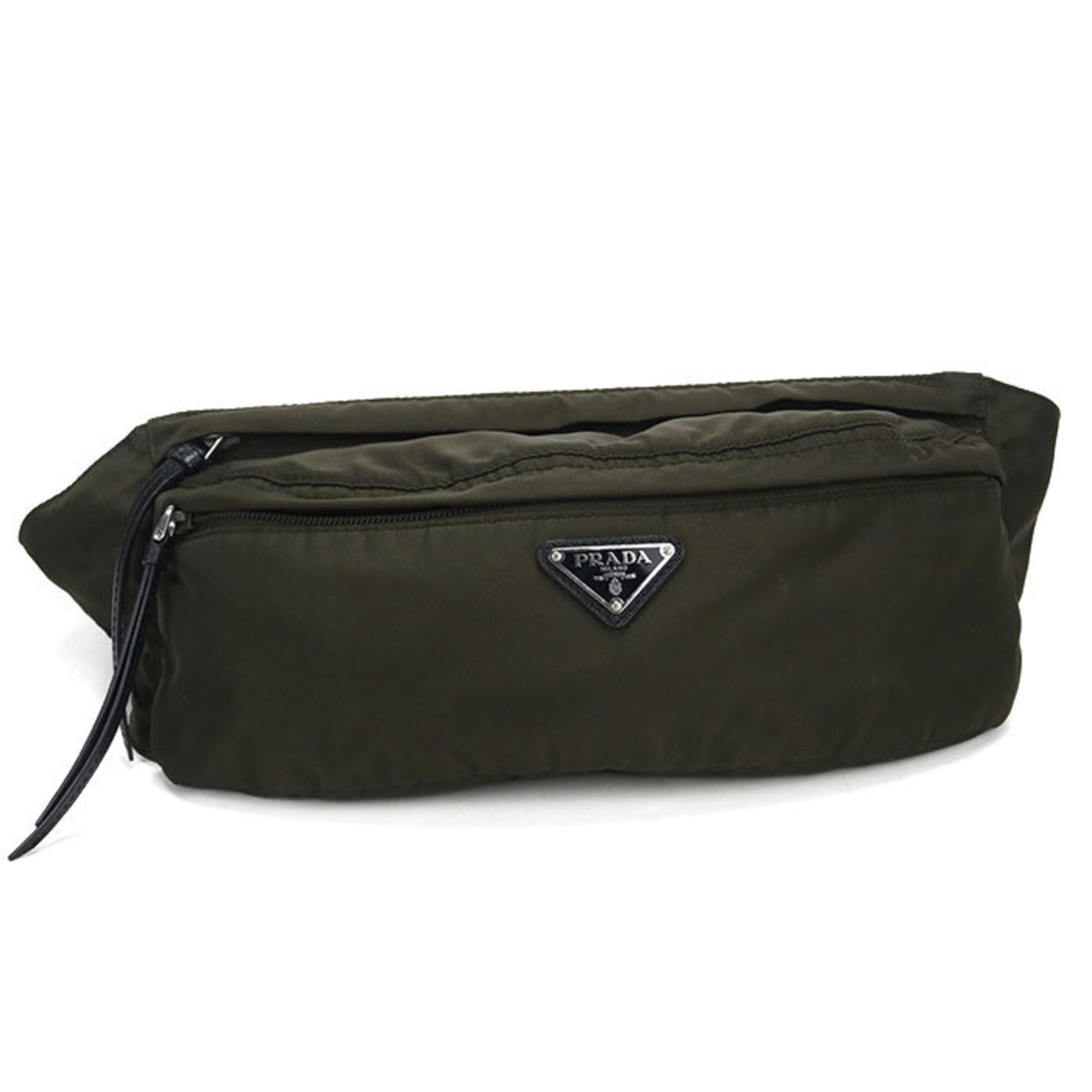 Nylon Prada Sling Bag: Nylon Prada Sling Bag Nylon Prada Sling Bag in Khaki. This 12cm x 30cm x 6cm sling bag features a durable nylon material, silver hardware, and a classic khaki color. Its sleek design makes it a versat